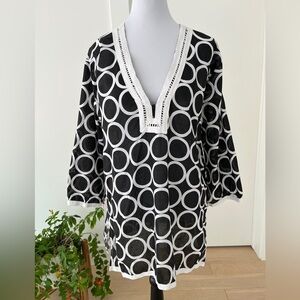 MUD PIE For Atlantis Pullover Sheer Swimsuit Coverup Plunging Neckline Circles